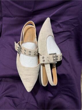 Pointed Toe Beige Slingback Mules with Buckle Detail